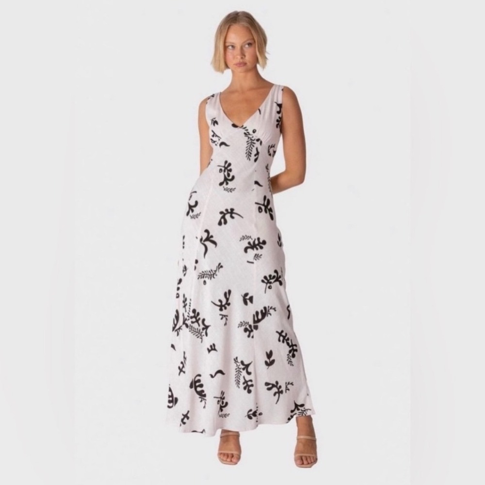 Paper Heart Anthropologie Linen Blend Maxi Dress M White Black Botanical Coastal - Picture 2 of 11